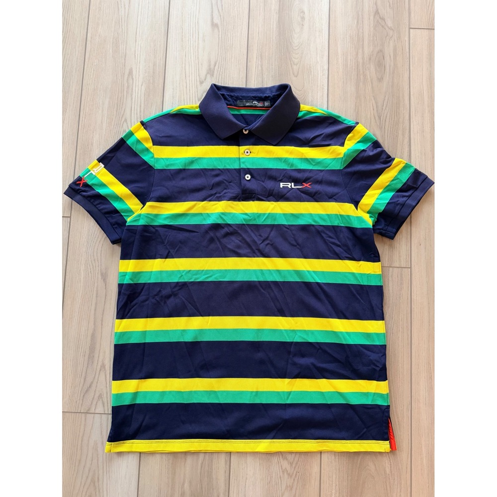 RLX Ralph Lauren Polo Shirt Mens Large Yellow Green Striped Pebble Beach PGA